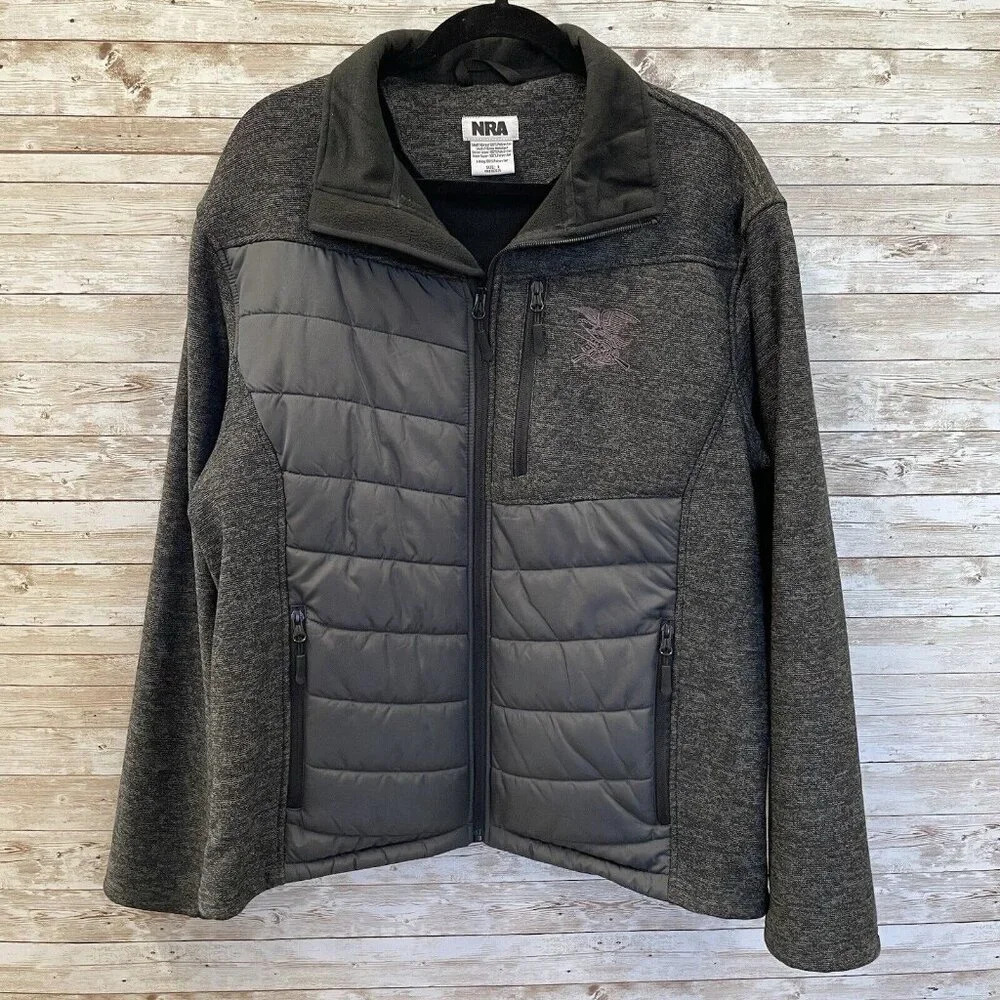 NRA Mens L Jacket Black Logo Puffer Knitted Combo Full Zip 3 Zippered Pockets‎
